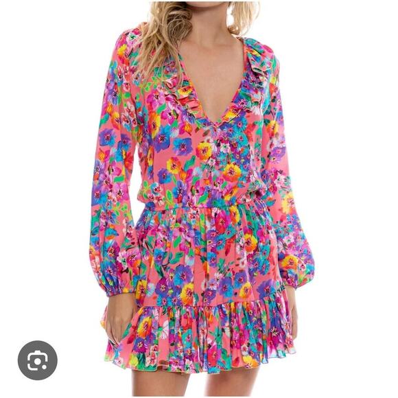 Luli Fama Ruffled Deep V Frill Hem Floral Party Dress size S - Picture 1 of 6